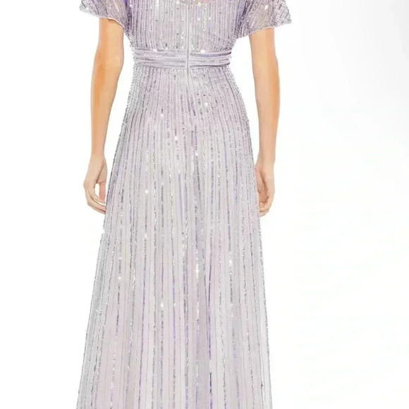 Plunging Neckline Bell Sleeve Sequin Embellished A-line Dress by Mac Duggal - Picture 3 of 8